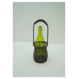 green glass wine bottle & metal mesh bottle holder