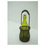 green glass wine bottle & metal mesh bottle holder