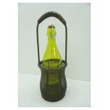 green glass wine bottle & metal mesh bottle holder
