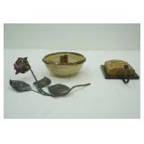 Home Decor: Metal Rose, Stoneware Pottery Bowl, Decorative metal wall hook