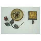 Home Decor: Metal Rose, Stoneware Pottery Bowl, Decorative metal wall hook