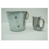 galvanized bucket; vintage pewter horn mug tankard