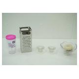 4 sided stainless steel grater, mug, crystal candy dish & candle holders