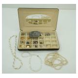 Black Velvet Jewelry Box and Contents. Belt buckle, beaded necklaces, earrings