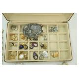 Black Velvet Jewelry Box and Contents. Belt buckle, beaded necklaces, earrings