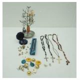 Cross Necklaces, Cubic Zirconia cross necklace and earring set, tennis bracelet, earring tree with earrings