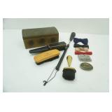 Vintage Belt Buckles, Bow Ties, Shoe Brushes, Shoe Horn, Vintage Metal Treasure Chest
