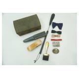Vintage Belt Buckles, Bow Ties, Shoe Brushes, Shoe Horn, Vintage Metal Treasure Chest