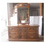 Vintage wooden dresser 9 drawers with mirror 63"Lx18.5"Dx30"H (81"H with mirror)