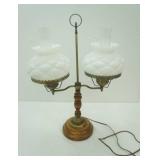Vintage Mid Century Double Student Lamp. quilt milk glass shades, clear chimneys, wood and brass. 25" tall