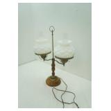 Vintage Mid Century Double Student Lamp. quilt milk glass shades, clear chimneys, wood and brass. 25" tall