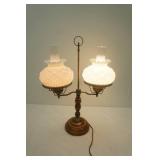 Vintage Mid Century Double Student Lamp. quilt milk glass shades, clear chimneys, wood and brass. 25" tall