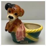 Vintage MCM Royal Copley Dog In A Basket Planter With Foil Label Souvenir Of McGregor Iowa 4" x 6 3/4" x 7"