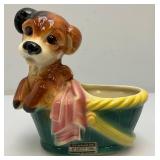 Vintage MCM Royal Copley Dog In A Basket Planter With Foil Label Souvenir Of McGregor Iowa 4" x 6 3/4" x 7"