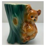 Vintage MCM Royal Copley Bear Sitting in Tree Stump Planter 3" x 5" x 5 1/2"