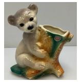 Vintage MCM Royal Copley Bear Hugging Tree Stump Planter 4" x 8" x 8" With Foil label