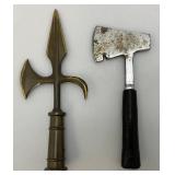 Vintage Heavy Brass Flag Topper 9 1/2" And Small Hatchet 8 1/2"
