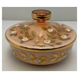 Vintage Bohemian Pink Cased Glass Gilded Enameled Candy Dish With Lid 7 1/2" x 5"