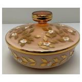 Vintage Bohemian Pink Cased Glass Gilded Enameled Candy Dish With Lid 7 1/2" x 5"