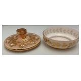 Vintage Bohemian Pink Cased Glass Gilded Enameled Candy Dish With Lid 7 1/2" x 5"