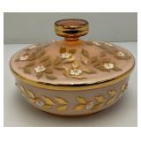 Vintage Bohemian Pink Cased Glass Gilded Enameled Candy Dish With Lid 7 1/2" x 5"
