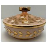 Vintage Bohemian Pink Cased Glass Gilded Enameled Candy Dish With Lid 7 1/2" x 5"