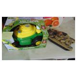 New in Box John Deere Bubble Mower and Plastic Army Tank