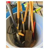 Garbage Can Full of Good Yard Tools Shovels etc