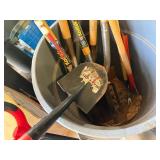 Garbage Can Full of Good Yard Tools Shovels etc