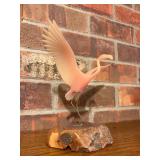 Signed JOHN PERRY Flamingo Sculpture on Burled Wood Base