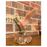 Signed JOHN PERRY Flamingo Sculpture on Burled Wood Base