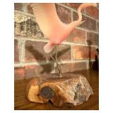Signed JOHN PERRY Flamingo Sculpture on Burled Wood Base