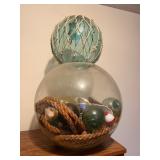 Nautical Decor Lot - Large Glass Bowl Full of Items & Glass Fishing Float