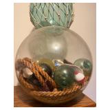 Nautical Decor Lot - Large Glass Bowl Full of Items & Glass Fishing Float