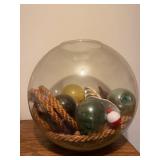 Nautical Decor Lot - Large Glass Bowl Full of Items & Glass Fishing Float