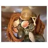Nautical Decor Lot - Large Glass Bowl Full of Items & Glass Fishing Float