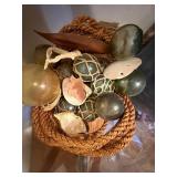 Nautical Decor Lot - Large Glass Bowl Full of Items & Glass Fishing Float