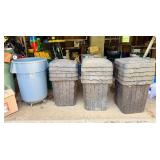 3 Large Plastic Trash Cans w/Lids & Rubbermaid Can w/Roller Attachment