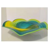 LARGE Blue/Yellow Swirled Art Glass Centerpiece Bowl