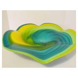 LARGE Blue/Yellow Swirled Art Glass Centerpiece Bowl