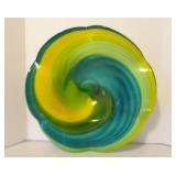 LARGE Blue/Yellow Swirled Art Glass Centerpiece Bowl