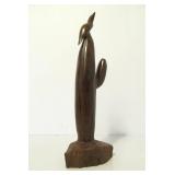 Nicely Carved Vintage Southwestern Hardwood Cactus Sculpture w/Bird