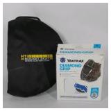Yaktrax Diamond Grip black XL ice traction cleats with metal coil traction. Hillsound bucket seat bag and Yaktrax packaging shown.
