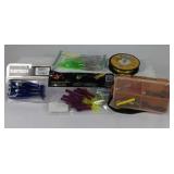 Lot of Fishing Lures, Soft Baits, Line, and Tackle Box