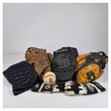 Lot of Baseball Gloves, Batting Gloves, Ball, and Protective Gear