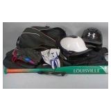 Lot of Louisville Quest Softball Bat, Gloves, Helmets, and Gear Bag