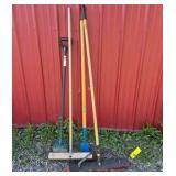 Lot of Assorted Brooms, Shovel, and Long Handle Yard Tools