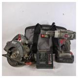 Porter-Cable 18V NiCd Cordless Drill, Circular Saw, Charger, Battery, and Tool Bag Lot