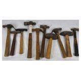 Lot of 10 Assorted Hammers Wood Handle Claw Ball Peen Masonry Tools