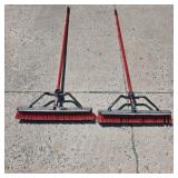Lot of 2 Push Brooms with Red Handles and Wide Brush Heads